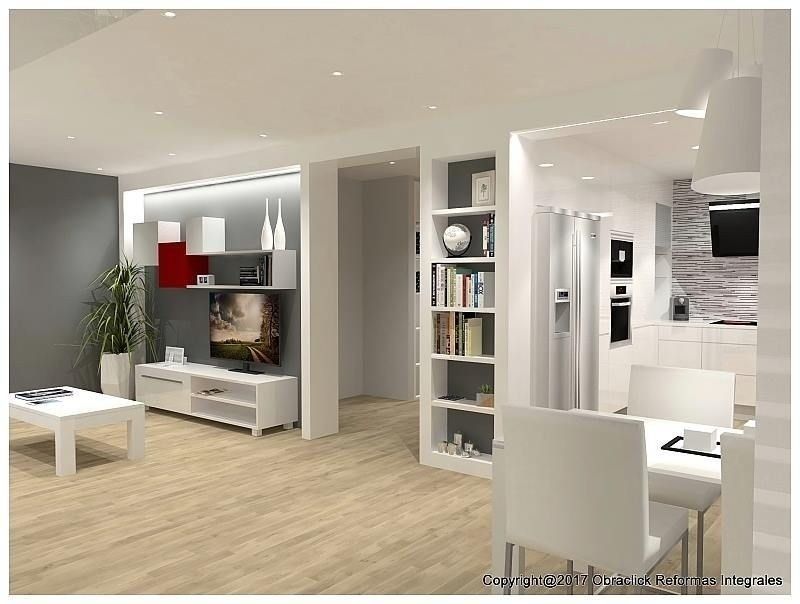 Un moderno salón-cocina de planta abierta con suelos de madera clara, un mueble blanco para el equipo