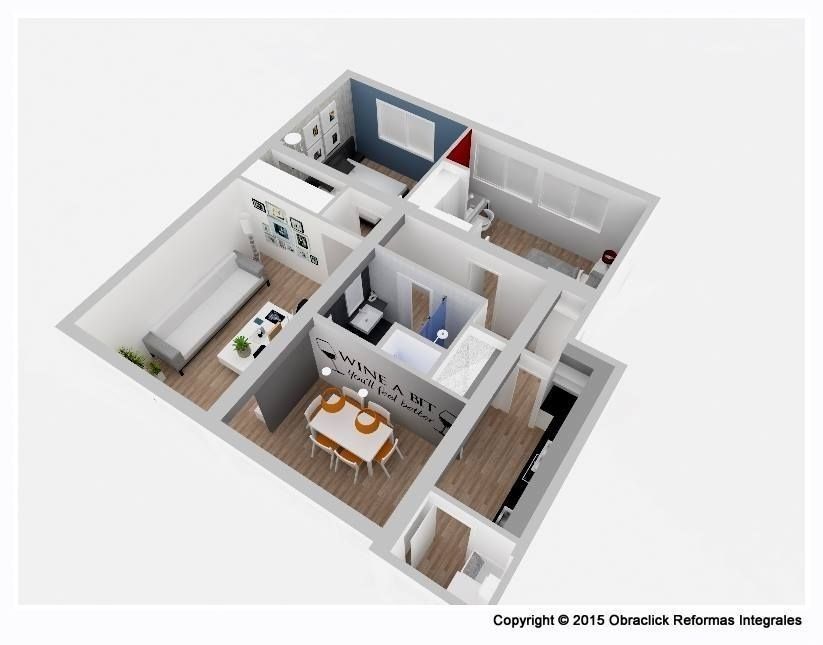 Plano 3D de un apartamento moderno de un dormitorio con sala de estar, comedor, cocina y baño.