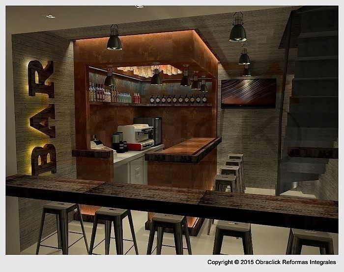 Un bar interior de estilo industrial moderno con mostradores de madera rústica, taburetes de metal