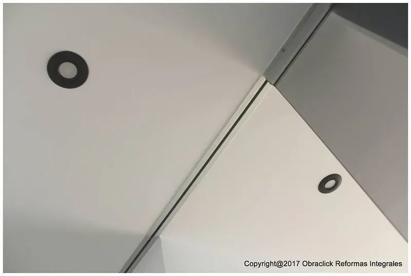 Dos focos circulares empotrados en el techo, sobre una superficie blanca, separados por una junta estructural oscura.