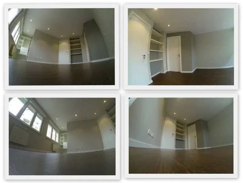 Cuatro vistas panorámicas del interior de una habitación moderna y vacía con suelos de madera