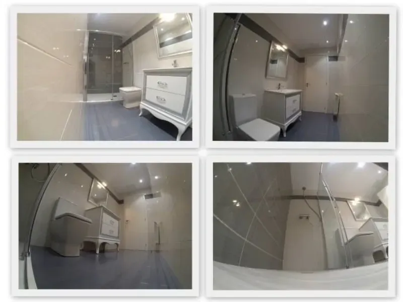 Cuatro vistas interiores de un baño moderno en tonos neutros que cuenta con ducha a ras de suelo, lavabo y inodoro.