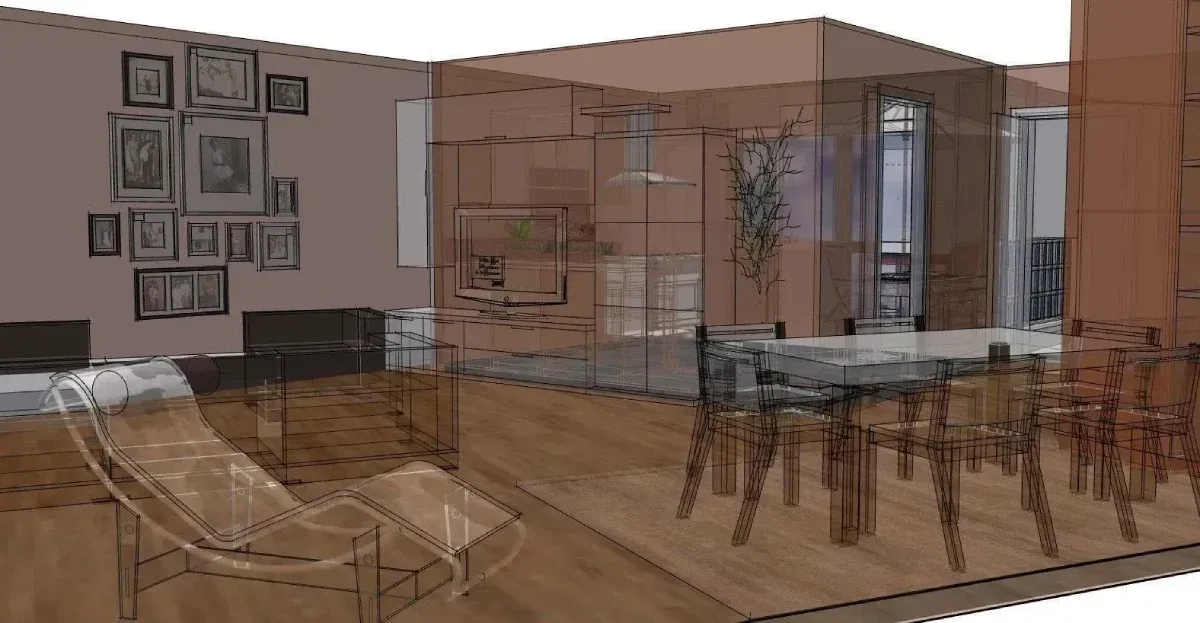 Representación arquitectónica en 3D de un moderno salón-comedor con suelos de madera y una pared decorada con cuadros.