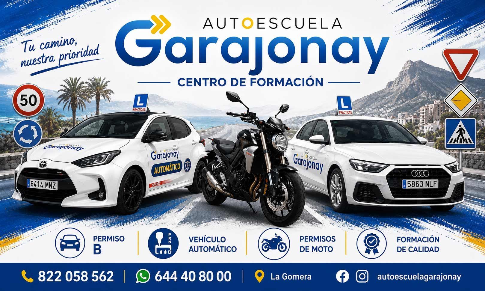 Banner de Autoescuela Garajonay con dos coches de formación, una moto y señales de tráfico