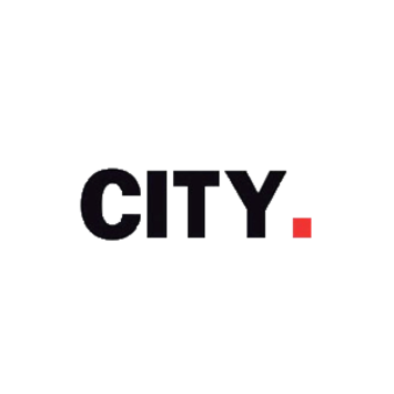 Logo « CITY. » noir avec un point rouge sur fond blanc