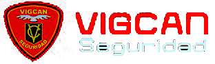 Logotipo para Vigcan Seguridad, una empresa de seguridad, que presenta un emblema de escudo rojo con un águila estilizada y texto.