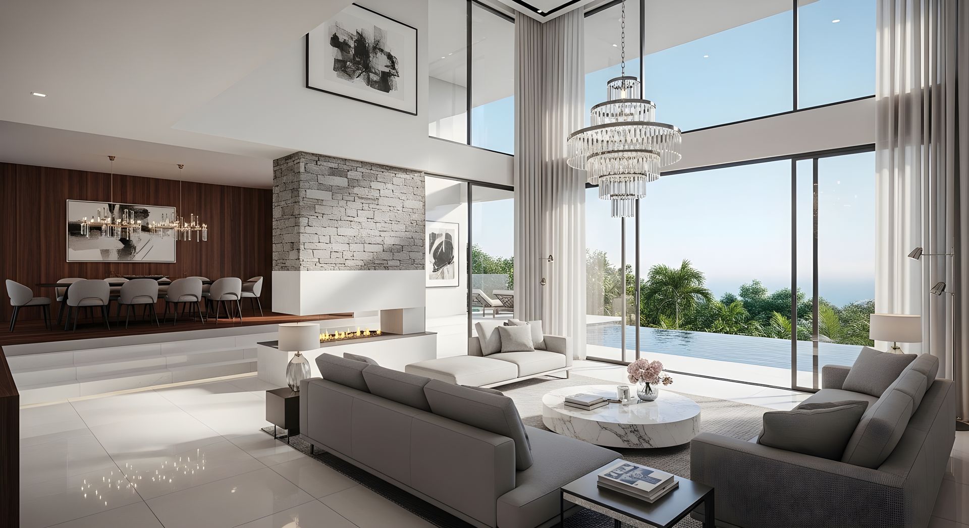 Salon moderne et luxueux avec baies vitrées donnant sur l'océan, canapés gris, cheminée en marbre et lustre.