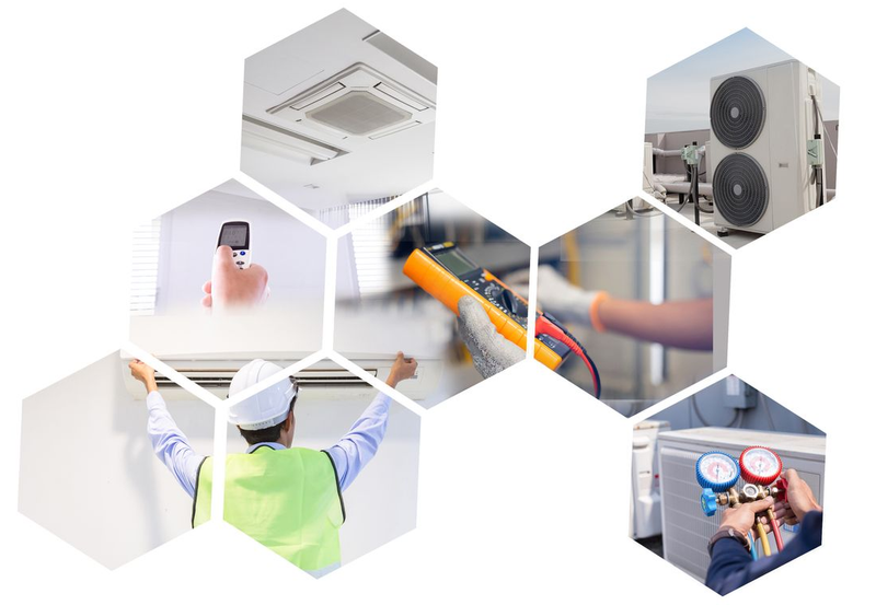 Techniciens travaillant sur des unités de climatisation, testant des équipements et inspectant des installations.