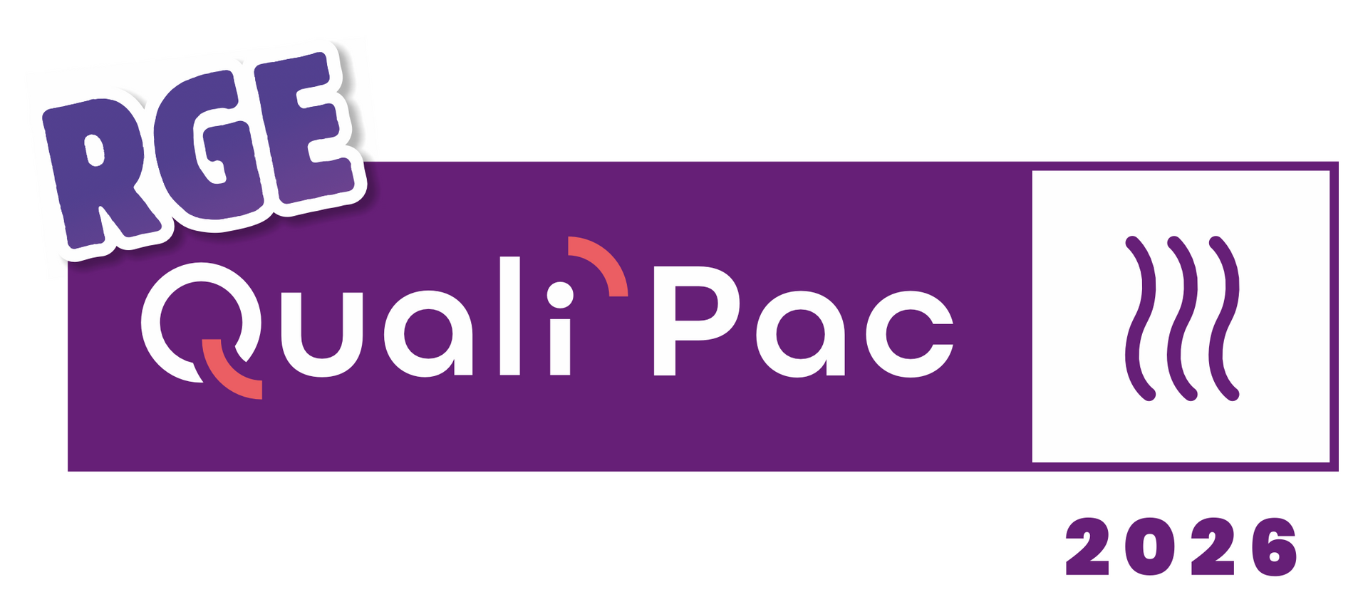 Logo RGE QualiPac : carré violet avec texte blanc et graphique vapeur, forme « J » rouge à droite.
