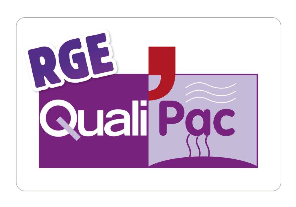 Logo RGE et QualiPac ; texte violet et blanc avec icône d'élément chauffant.