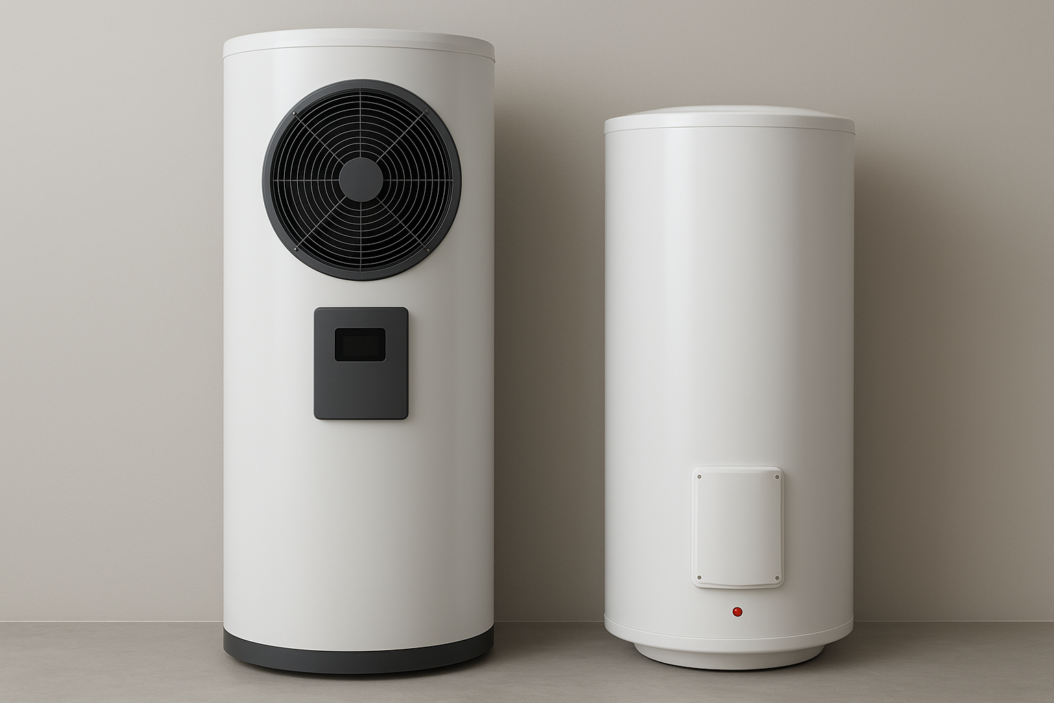 Deux chauffe-eau cylindriques blancs contre un mur beige ; l'un avec ventilateur, l'autre sans.