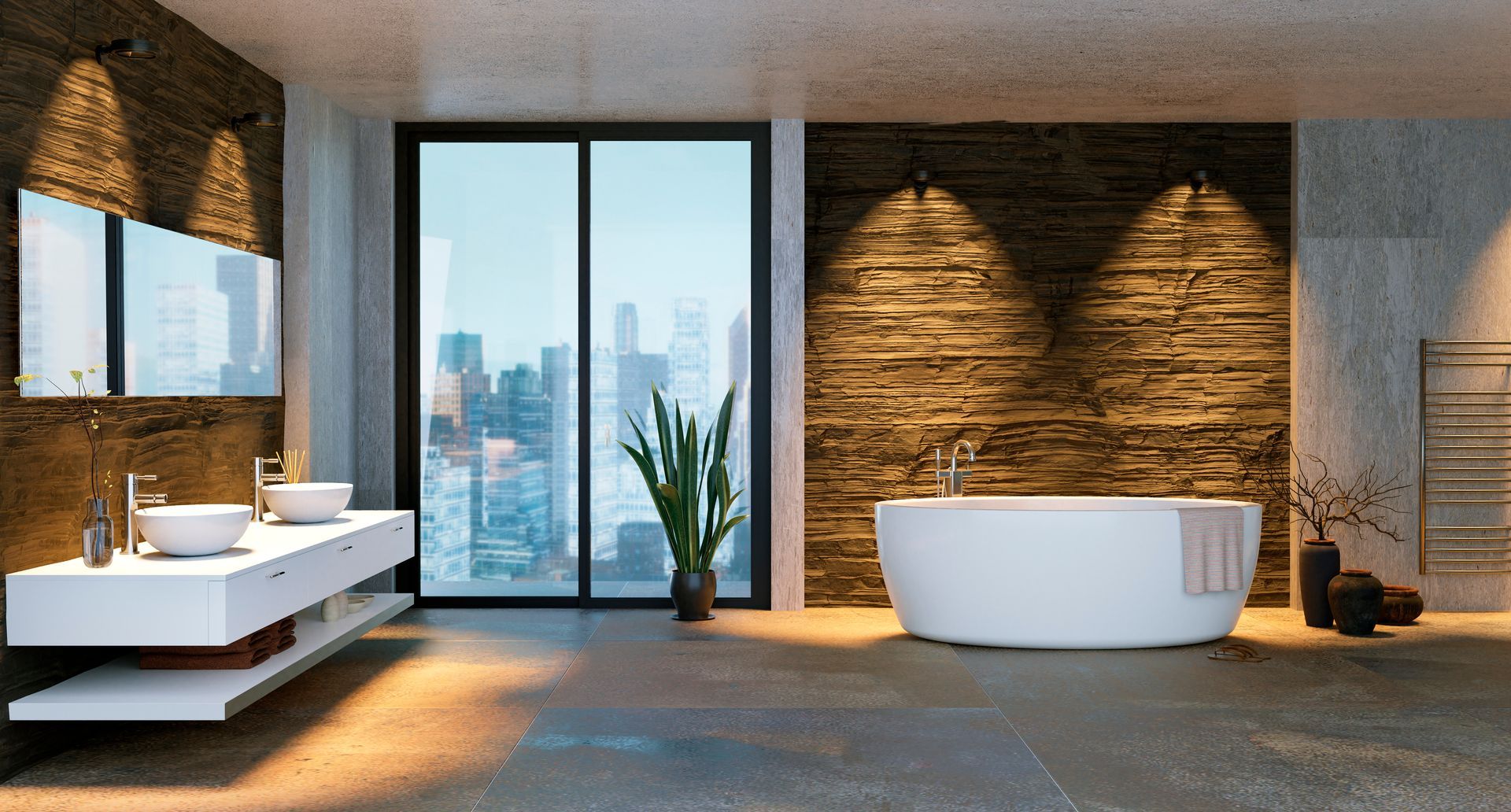 Modernes Badezimmer mit freistehender Badewanne, Doppelwaschbecken, Steinwand und großen Fenstern mit Stadtblick