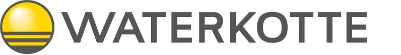 WATERKOTTE-Logo mit gelb gestreiftem Kreissymbol und grauem Text auf weißem Hintergrund