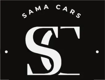 Cuadrado negro con "SAMA CARS" en blanco encima de las iniciales "SC" blancas grandes.