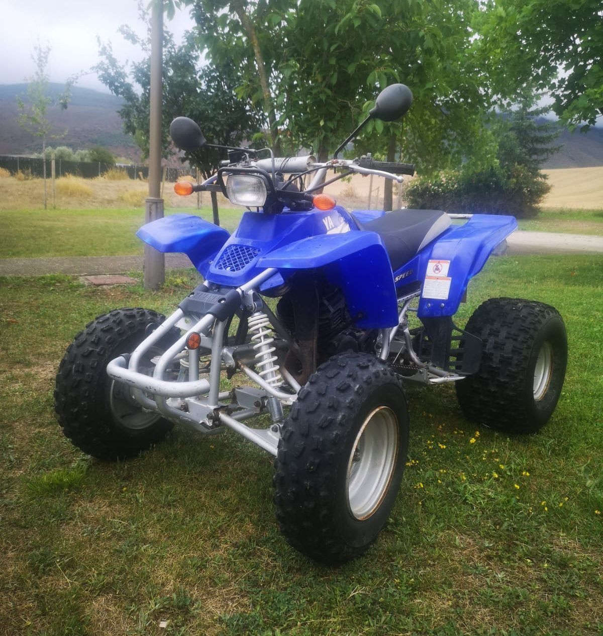 Vehículo todo terreno azul estacionado sobre el césped con un fondo de montañas.