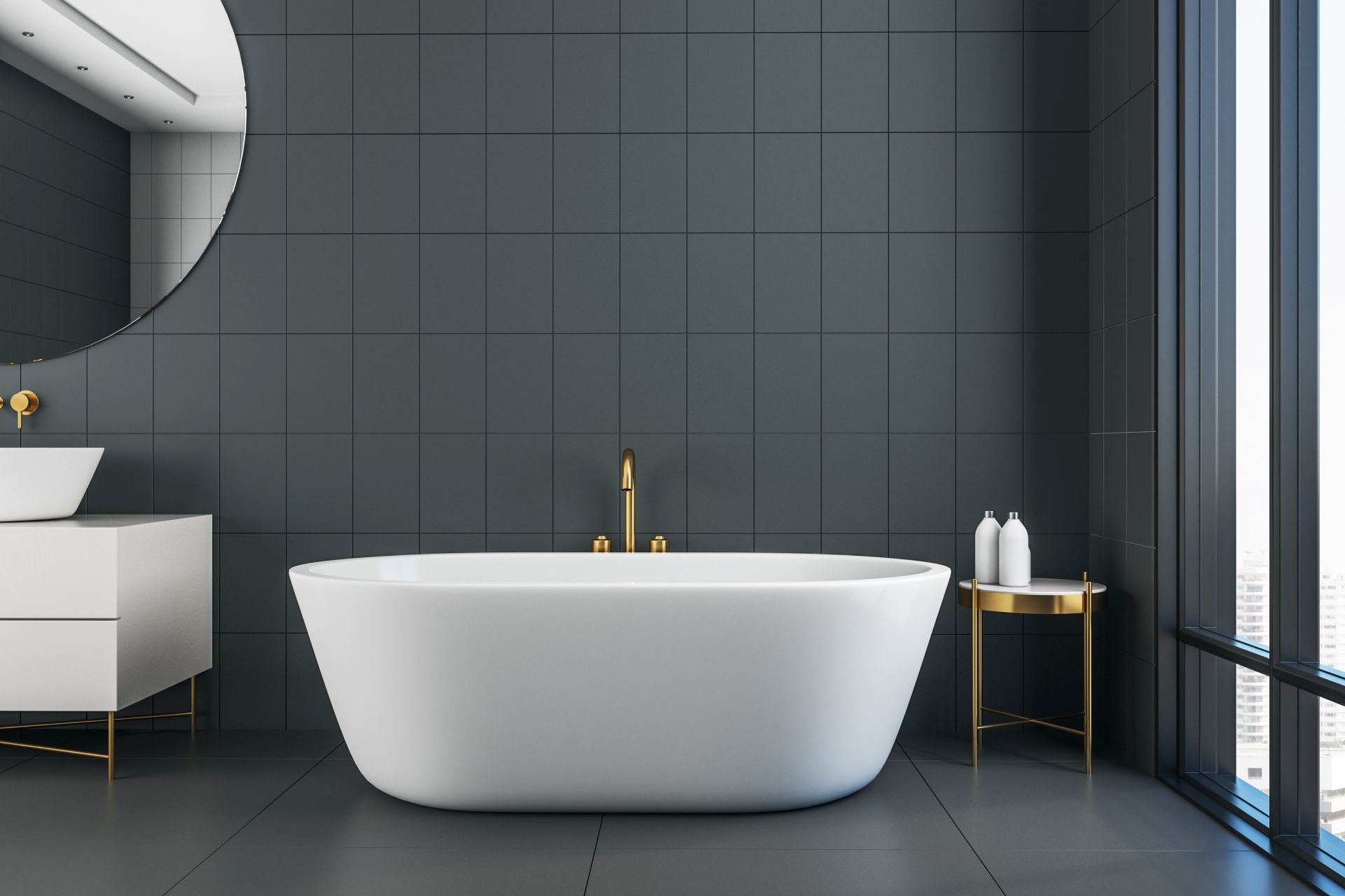 Ein Badezimmer mit Badewanne, Waschbecken, Spiegel und großem Fenster.