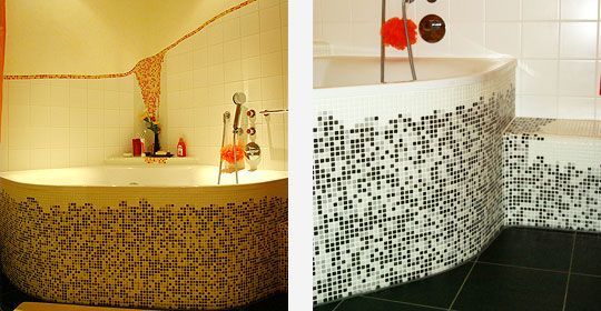 Zwei Bilder eines Badezimmers mit Badewanne und Dusche.