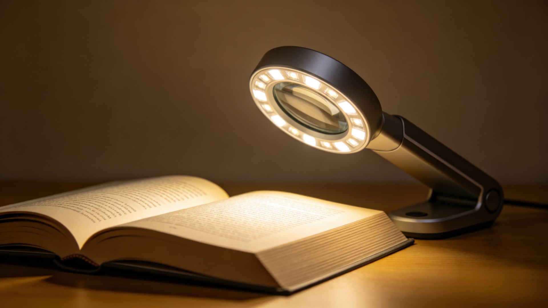 Eine Brille und eine Lupe liegen im Dämmerlicht auf einem offenen Buch.