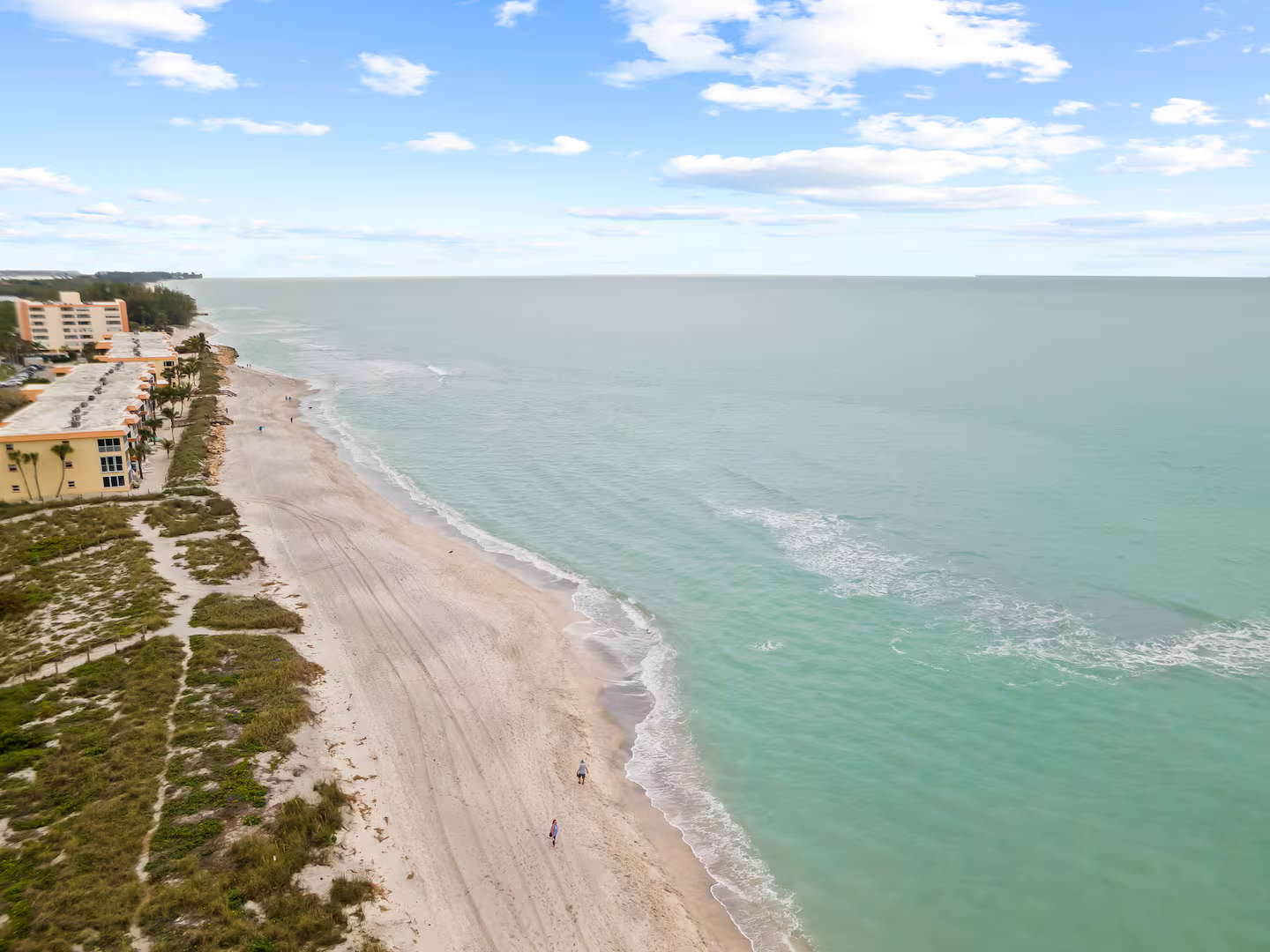 An aerial view of a beach and ocean with buildings in the background.