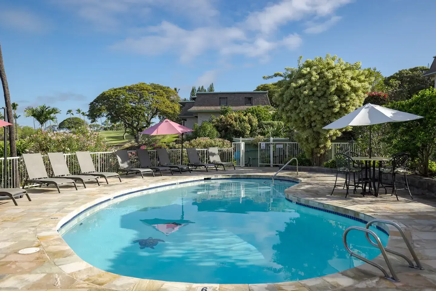 A large swimming pool with chairs and umbrellas around it