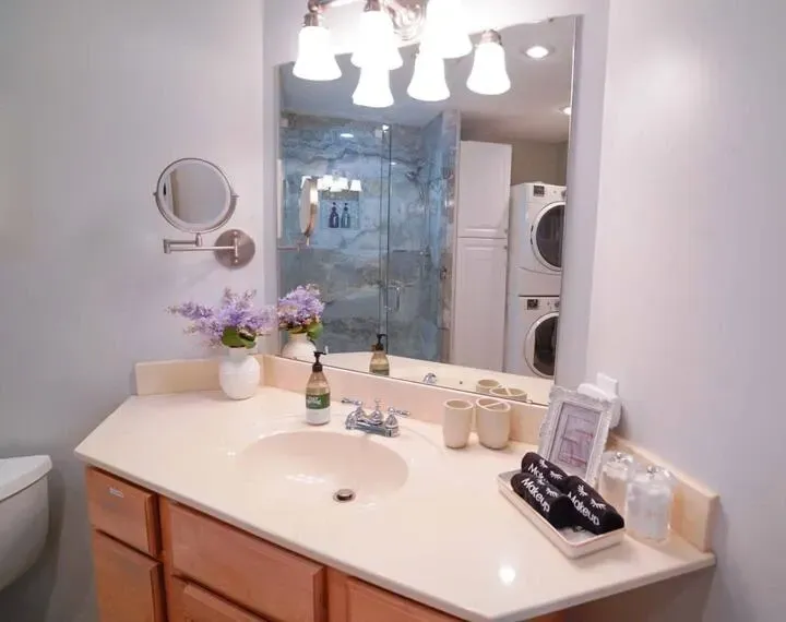 A bathroom with a sink a toilet and a mirror