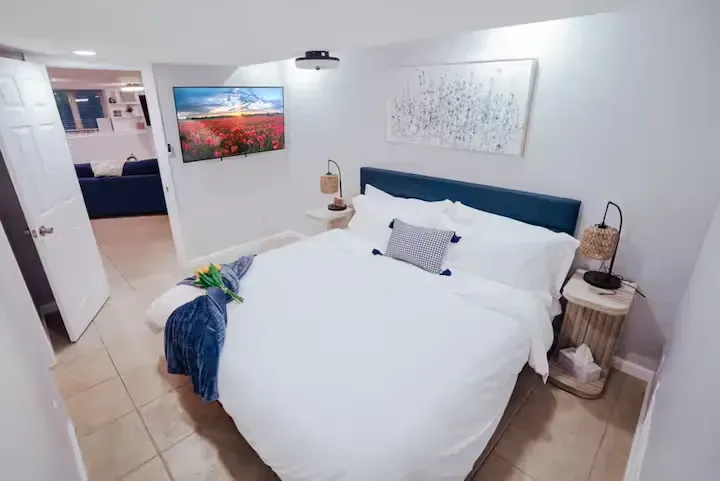 There is a large bed in the middle of the room.