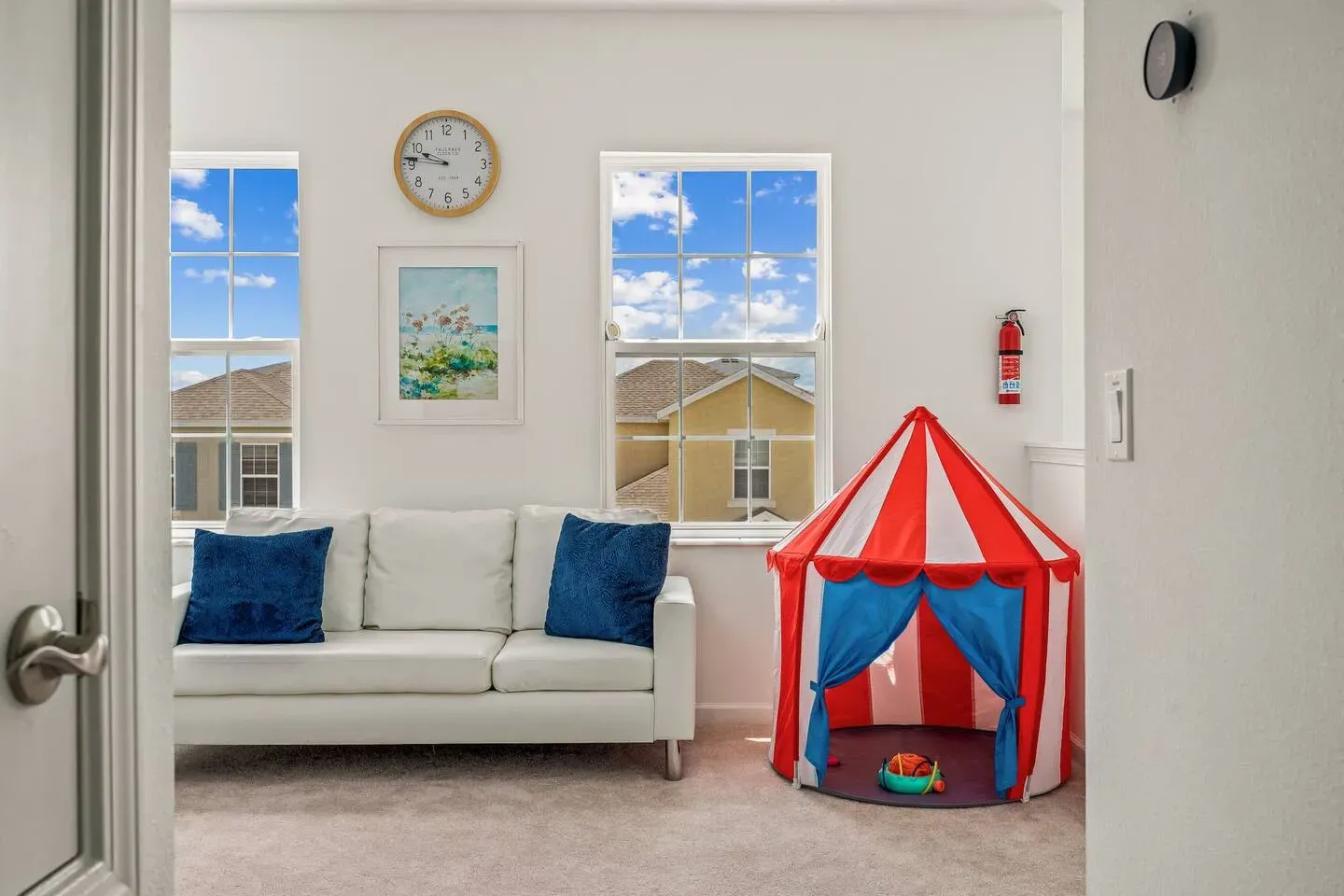 Cozy living space with a play space for children.