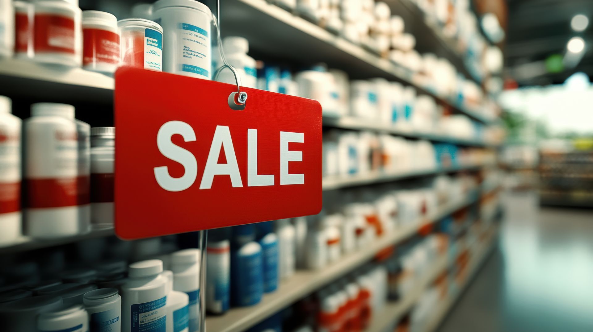 Apotheke verkaufen: In einer Apotheke hängt ein rotes Verkaufsschild an einem Regal.