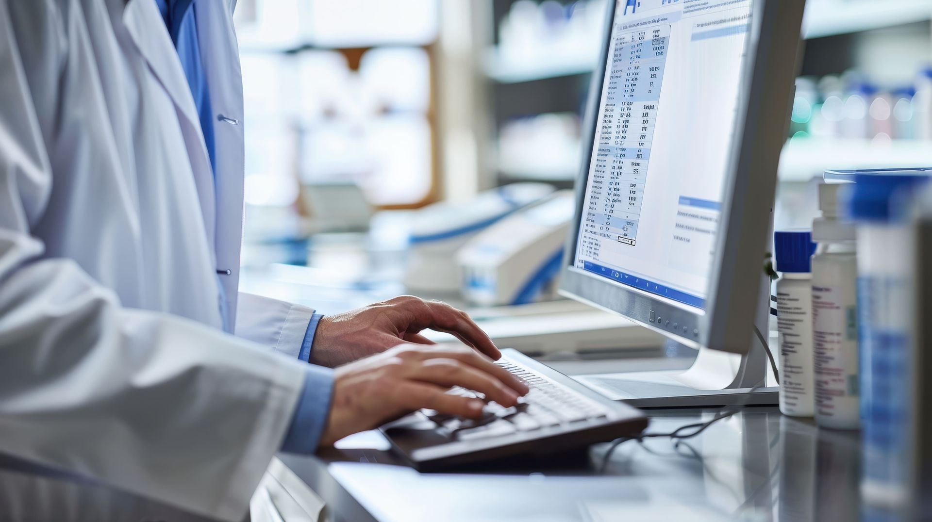 Betriebsprüfung Apotheke: Ein Apotheker im weißen Kittel tippt in einer Apotheke am Computer; im Hintergrund sind Flaschen zu sehen.