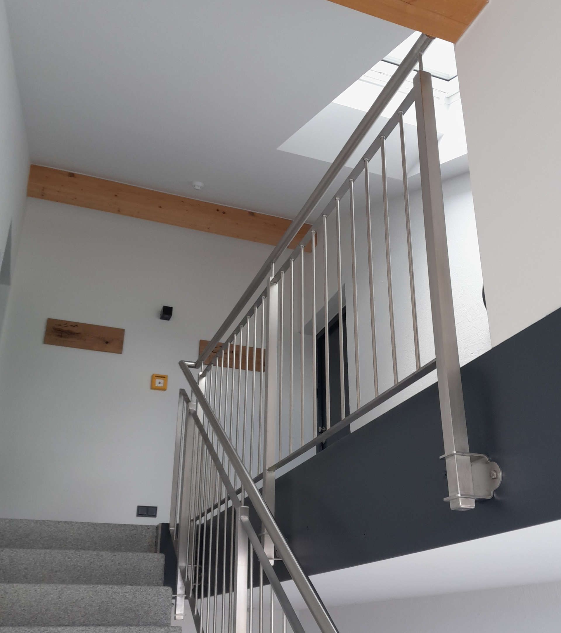 Eine Treppe mit Edelstahlgeländer und mit Teppich ausgelegten Stufen