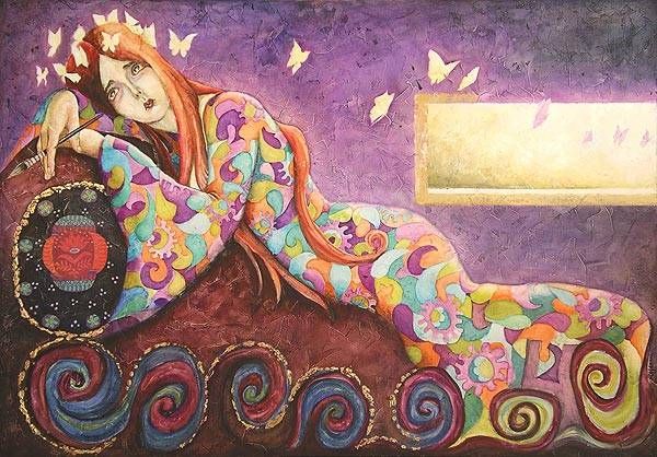 Una pintura colorida de una mujer recostada en un sofá.