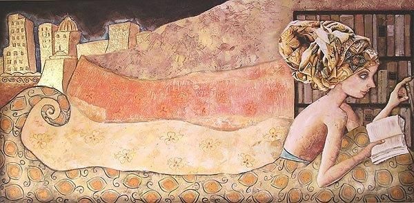 Un cuadro de una mujer recostada en un sofá leyendo un libro.