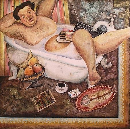 Una pintura de un hombre acostado en una bañera con un pastel en su regazo.