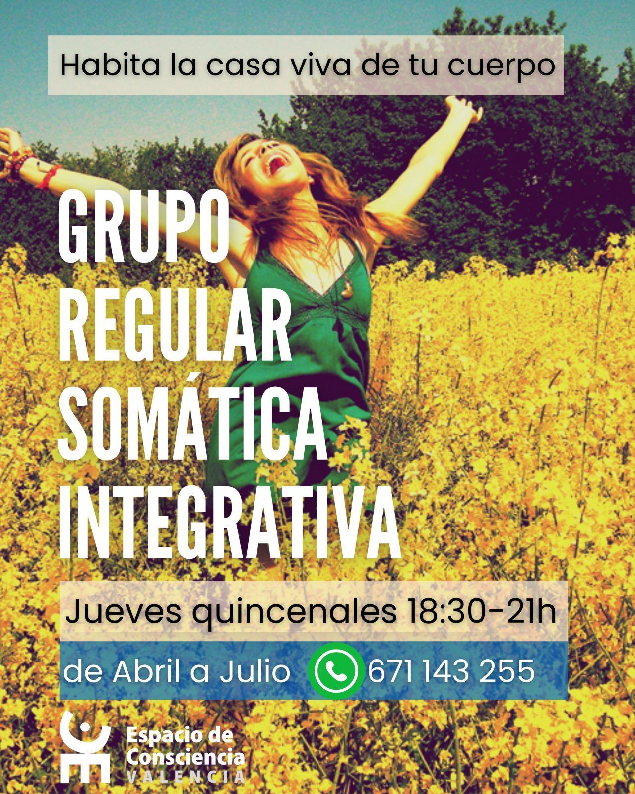 Una mujer con una camisa verde está parada en un campo de flores amarillas.