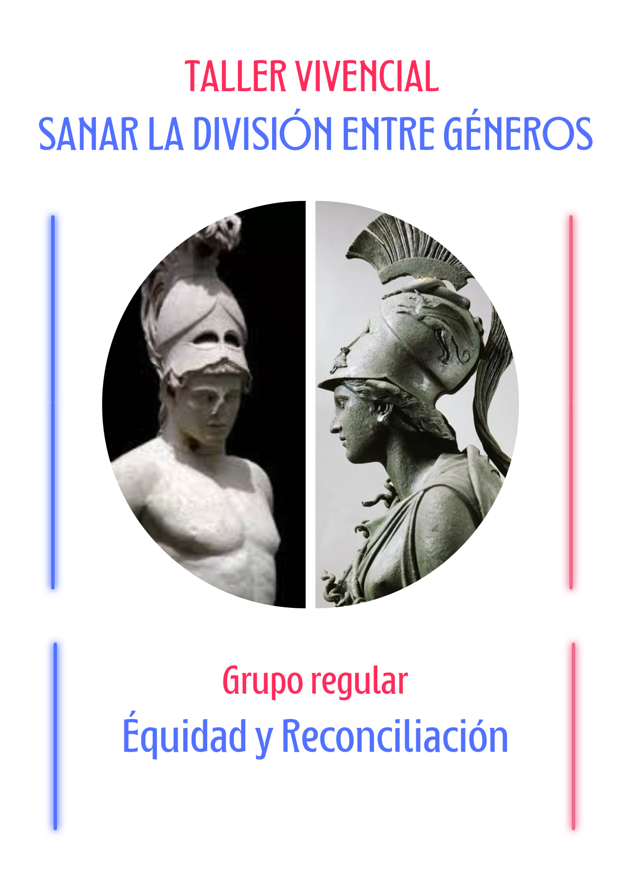 Un cartel de Taller Vivencial muestra una estatua de un hombre y una estatua de una mujer.
