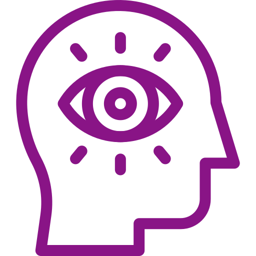 Un icono morado de la cabeza de una persona con un ojo.