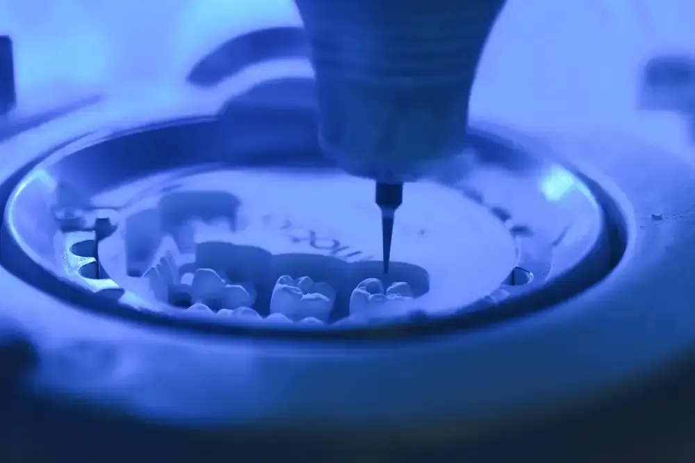 Molde dental con herramientas y tapas de dientes sobre una superficie blanca.