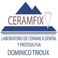 Logotipo para Ceramfix, laboratorio de cer&aacute;mica dental, con un icono de diamante y texto.