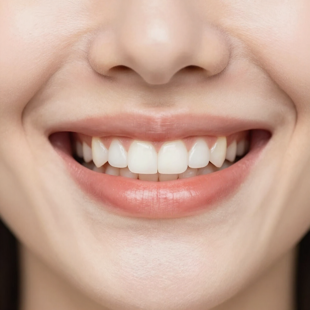 Primer plano de una boca sonriente con dientes blancos y labios rosados brillantes.