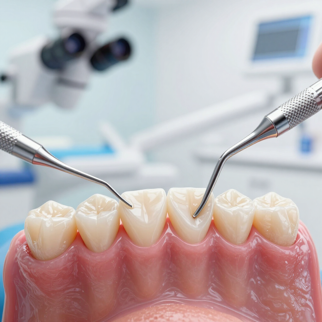 Herramientas de dentista para la limpieza de dientes y encías en una clínica dental luminosa.