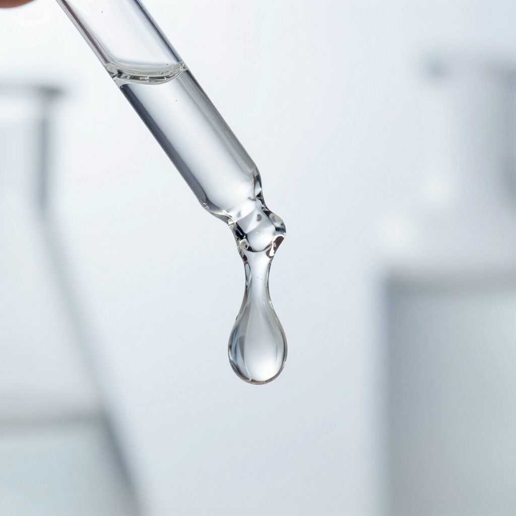Pipeta de vidrio que dispensa una gota de líquido transparente sobre un fondo blanco suave.