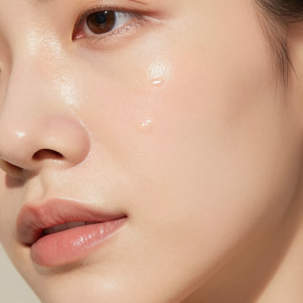 Primer plano de un rostro con piel luminosa y maquillaje natural, donde se aprecian los ojos, la nariz y los labios.