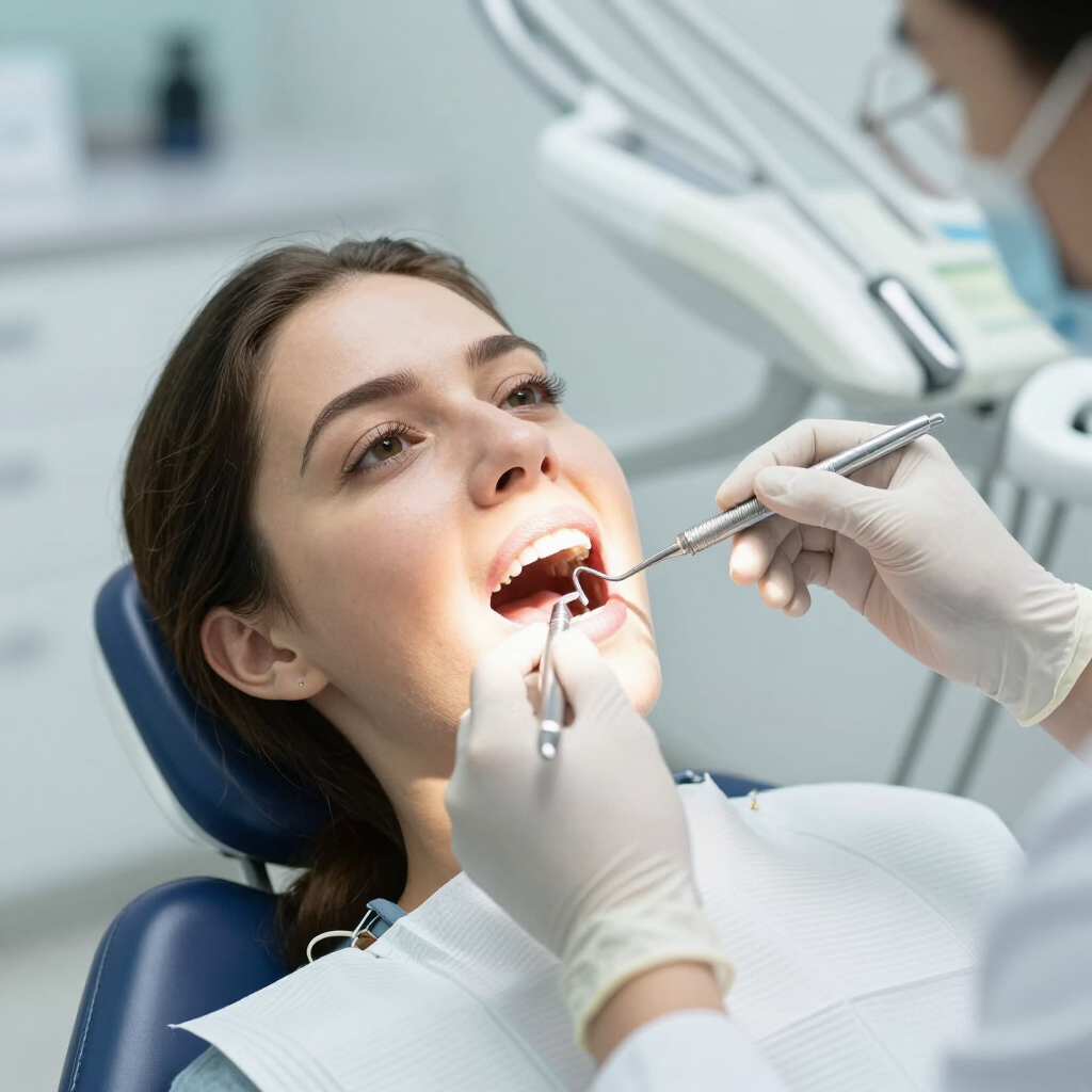 Dentista examinando la boca abierta de un paciente con instrumentos dentales en una clínica.