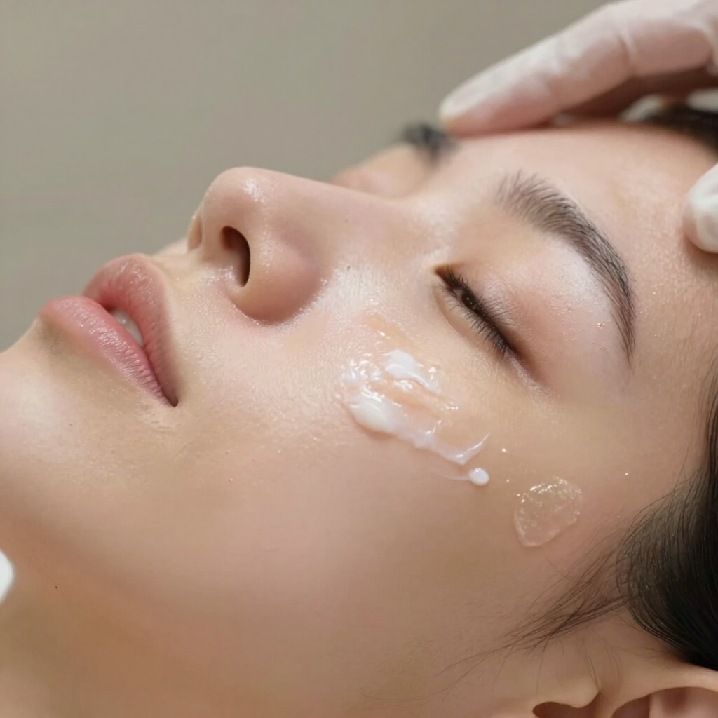 Primer plano de una persona a la que se le aplica crema hidratante facial en la mejilla, con los ojos cerrados.