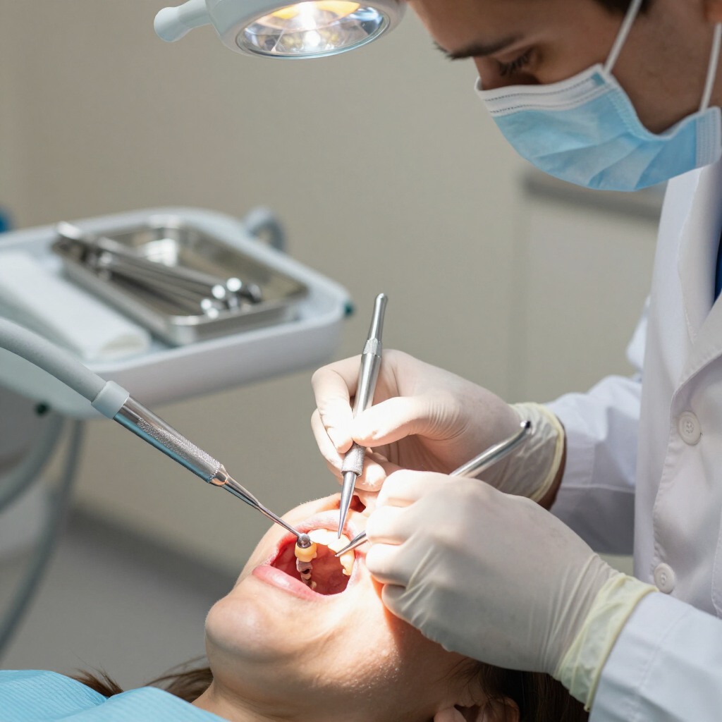 Dentista realizando un procedimiento dental a un paciente en una clínica, con instrumentos y luz quirúrgica visibles.