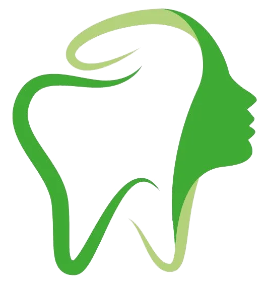 Diente verde estilizado con el perfil de un rostro humano en su interior, logotipo para atención dental.
