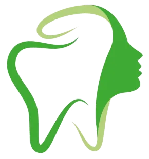 Diente verde estilizado con el perfil de un rostro humano en su interior, logotipo para atención dental.