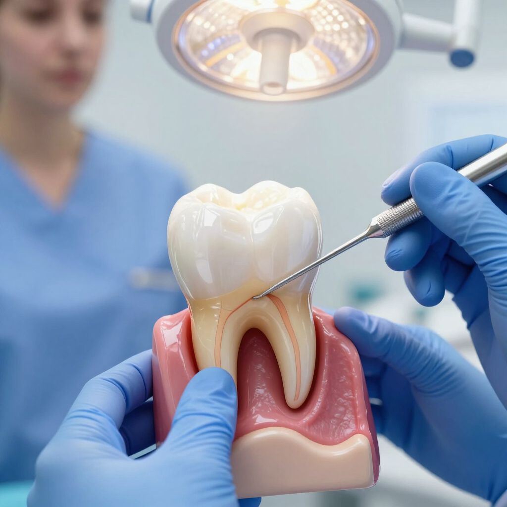 Un dentista sostiene un modelo de diente con la anatomía del conducto radicular bajo una luz de examen dental.