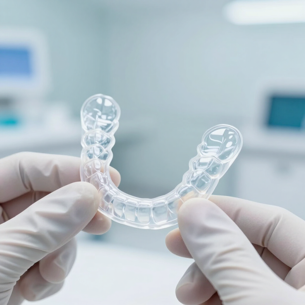 Manos enguantadas sosteniendo un alineador dental transparente en un entorno clínico.