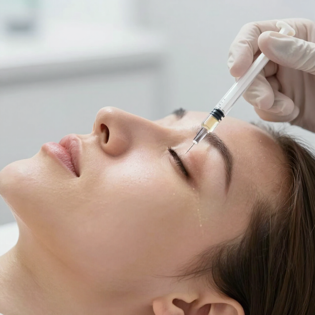 Inyección cosmética administrada cerca de la ceja de una mujer mientras yace con los ojos cerrados.